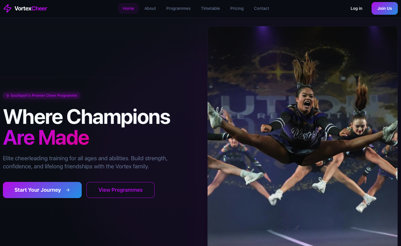 VortexCheer website screenshot
